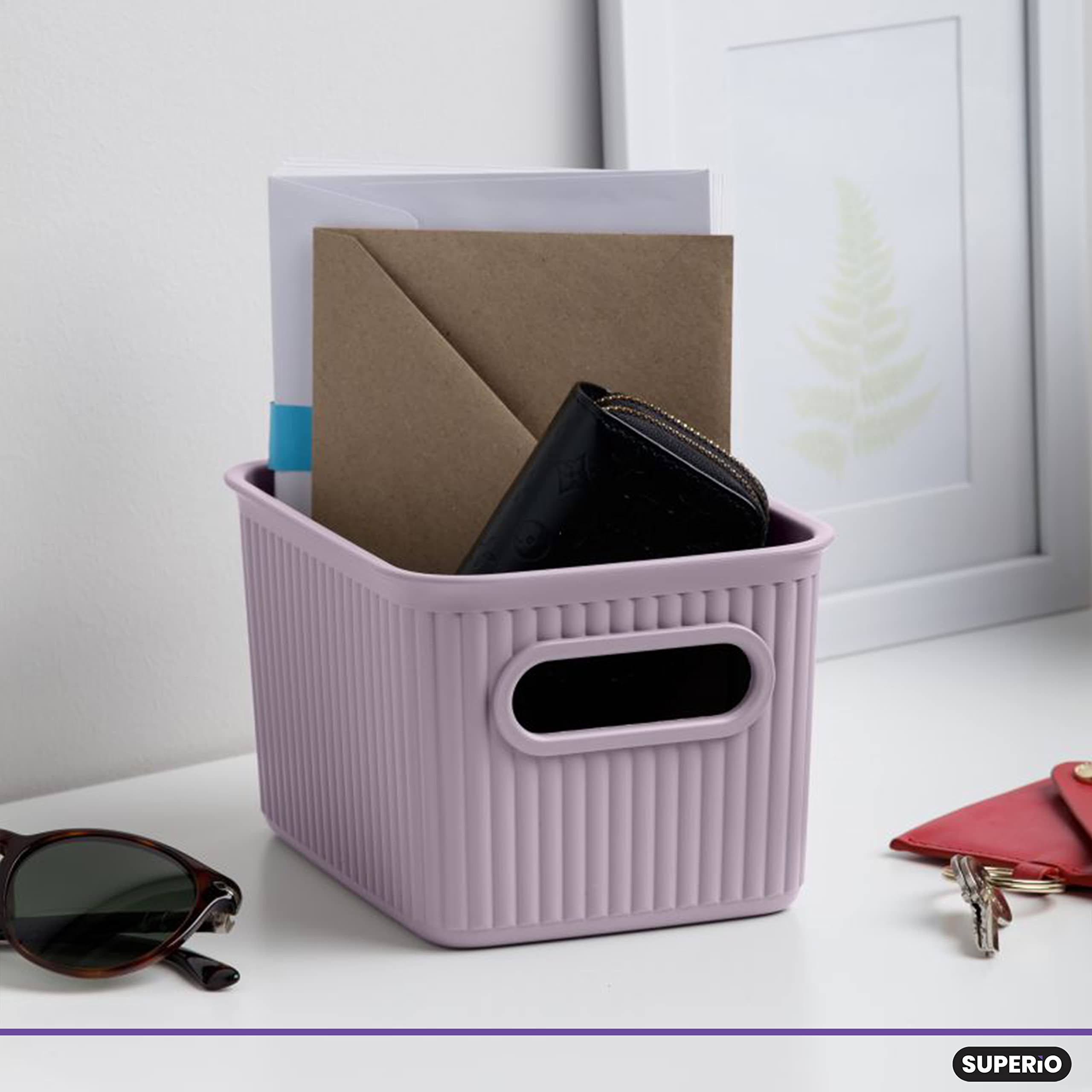Superio Ribbed Collection - Decorative Plastic Open Home Storage Bins Organizer Baskets, Small Lilac Purple (4 Pack) Container B